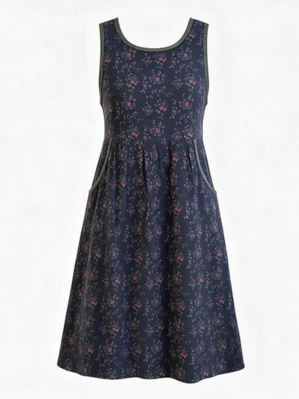 Real Comfort Dark Ditzy Floral Corduroy Midi Dress Blue Sz LP Grandmacore Artsy